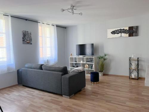a living room with a couch and a tv at Maison 3 chambres, Agen centre, climatisé, 6 personnes in Agen