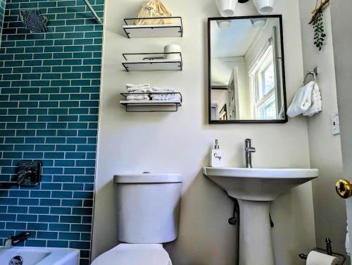 a bathroom with a toilet and a sink and a mirror at Lone Pine Oceanfront Cottage in Prospect Harbor