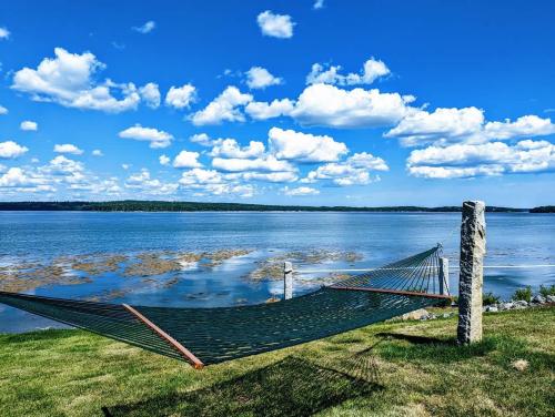 a hammock sitting on the side of a lake at Oceanfront Jellison Beach House in Hancock