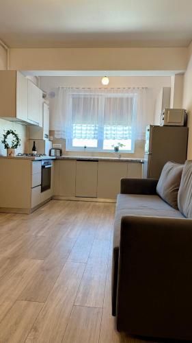 a living room with a couch and a kitchen at Deterra Studio 70 next to Metro Station Berceni in Popeşti-Leordeni