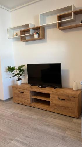 a flat screen tv sitting on top of a wooden entertainment center at Deterra Studio 70 next to Metro Station Berceni in Popeşti-Leordeni