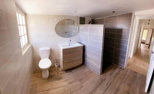 une salle de bain avec toilettes, lavabo et miroir dans l'établissement Villa Domaine des Marais, à Saint-Sornin