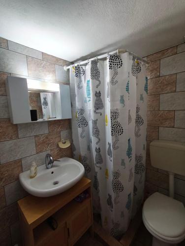 a bathroom with a sink and a toilet and a shower curtain at Traditional Stone House in Mantamádos