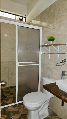 a bathroom with a toilet and a shower and a sink at Finca Hotel Auraviva in Ciénaga de Oro