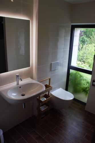 une salle de bain avec un lavabo et des toilettes et une fenêtre dans l'établissement Les Herbes Folles, à Courcoury