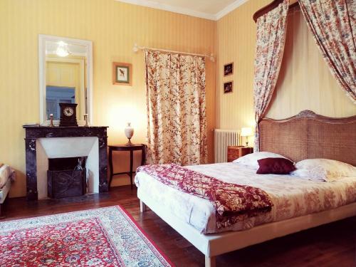a bedroom with a bed with a fireplace and curtains at Château de Bellevue - Appartement in Sainte-Cécile