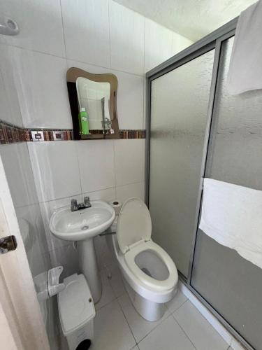 a bathroom with a toilet and a sink and a shower at Cabaña Yopal - Yopo Resort in Yopal