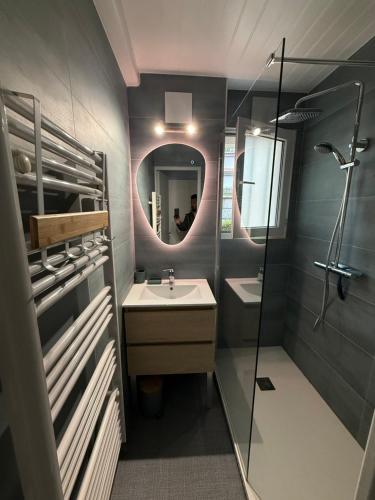 une salle de bain avec un lavabo et un miroir dans l'établissement Appartement 100m plage de Nauzan St Palais sur mer, à Saint-Palais-sur-Mer