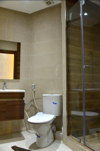 a bathroom with a toilet and a shower and a sink at Centre-ville tout confort in Kenitra