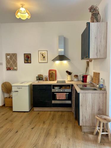 une cuisine avec un évier et une cuisinière four supérieur dans l'établissement Le Brou, appartement de caractère du centre historique de Sarlat, à Sarlat-la-Canéda