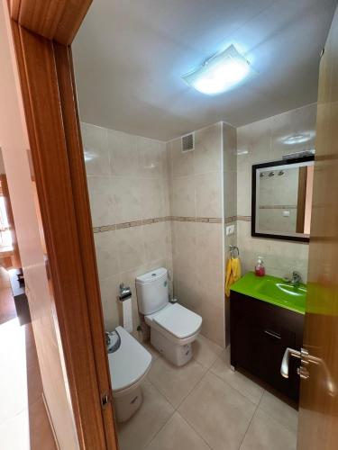 a bathroom with a toilet and a green sink at ANIMAR piso en ALGAIDA Oropesa in Oropesa del Mar