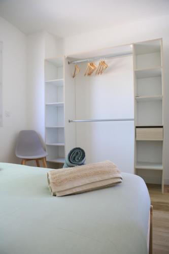 - une chambre avec un lit et un placard avec des étagères dans l'établissement Appartement T2 cosy, à Roussillon