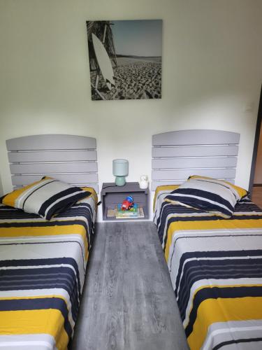 - 2 lits jumeaux dans une chambre avec une photo sur le mur dans l'établissement Terrasses du lac appt, à Aureilhan