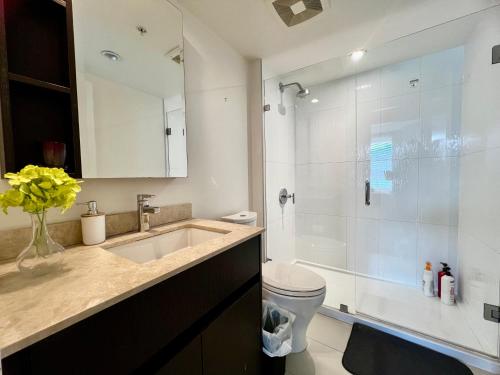 ein Badezimmer mit Dusche, Waschbecken und Toilette in der Unterkunft Fabulous and convenient 2B2B close to Richmond center in Richmond