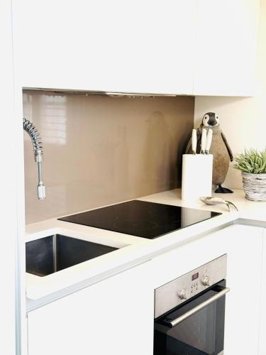 une cuisine avec un évier et une cuisinière dans l'établissement ComeCasa Two-Bedroom House on the Harbor, à Saint-Tropez