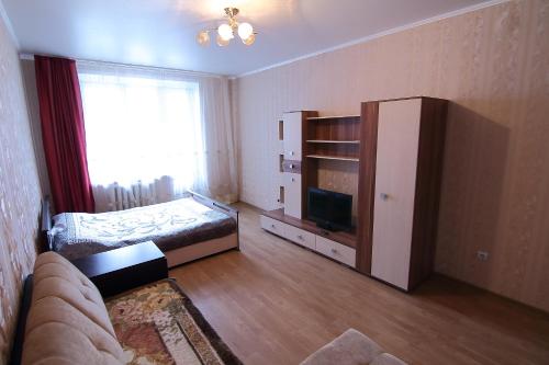 ブリャンスクにあるApartments na Dukiのリビングルーム(ソファ、ベッド、テレビ付)