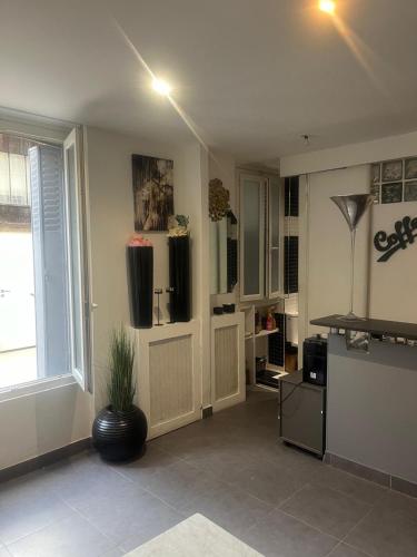 un salon avec une grande pièce avec une plante dans l'établissement QUEL appart, à Issy-les-Moulineaux