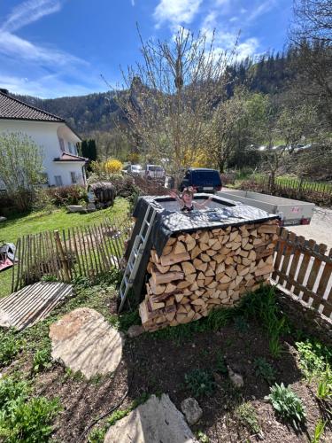 a pile of fire wood in a yard at ZwergDackelAdlerHirsch in Beuron