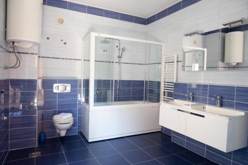 a bathroom with a shower and a toilet and a sink at Milky Way in Bihać