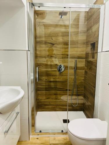 a bathroom with a shower with a toilet and a sink at Vico Maria in Fondi
