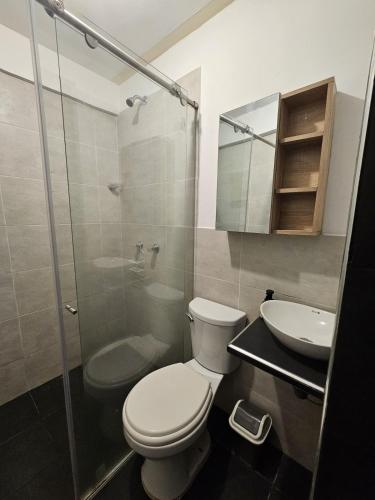 a bathroom with a toilet and a sink and a shower at Central Campestre Apartment in Popayan