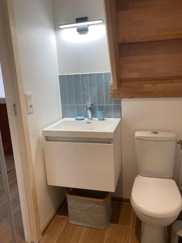 une salle de bain avec des toilettes blanches et un lavabo dans l'établissement Charmante petite maison à Saillé, village classé proche plages, à Guérande