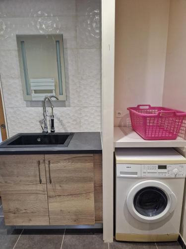 une cuisine avec un évier et une machine à laver dans l'établissement La maison des Ifs, à Tourville-les-Ifs