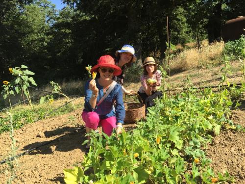 three girls are sitting in a vegetable garden at Agriturismo La Dimora dei Cavalieri in Vaglio di Basilicata