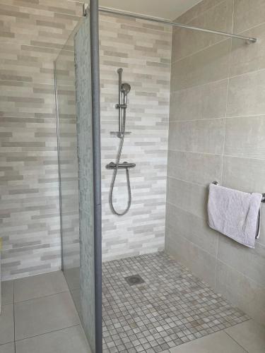 une douche avec une porte vitrée dans une salle de bain dans l'établissement La maison des courlis, à Rivedoux-Plage