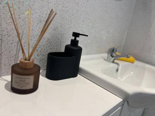 a bathroom with a bottle of soap and a sink at The Ingram Arms in Laughton