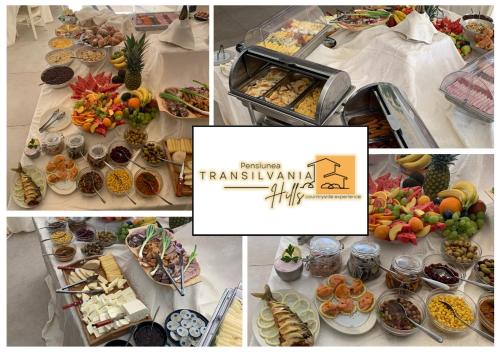 un collage di foto di un tavolo pieno di cibo di Transylvania Hills a Şoimuş
