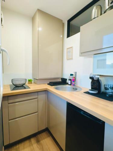 une cuisine avec un évier et un plan de travail dans l'établissement Studio cosy proche plage, à Fréjus
