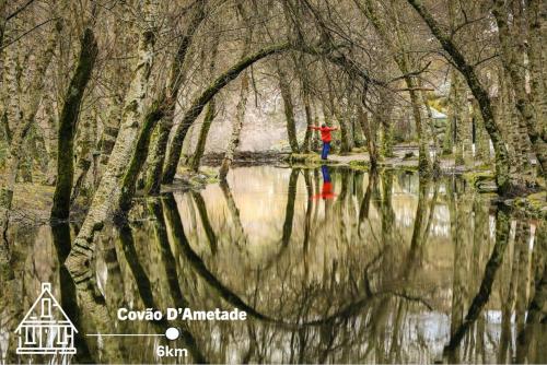 a person standing in the middle of a pond with trees at Chalé de Montanha com sons de rio in Cortes do Meio