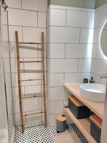 La salle de bains est pourvue d'une échelle et d'un lavabo. dans l'établissement Renovated apartment, hyper center, private parking, à Perpignan