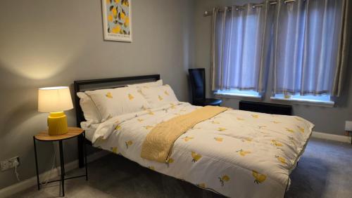 a bedroom with a bed and a lamp and windows at The Ansi8 in Livingston