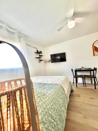 une chambre avec un lit et une table avec une télévision dans l'établissement Le Petit Vaucluse Parking Wi-Fi, à Avignon