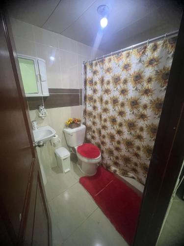 a bathroom with a toilet and a shower curtain at Tú hogar en ciudad Juan Bosch in Los Paredones