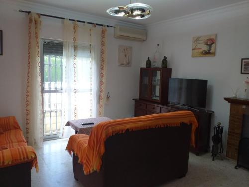 a living room with a couch and a television at Casa La Laguneta in Arcos de la Frontera
