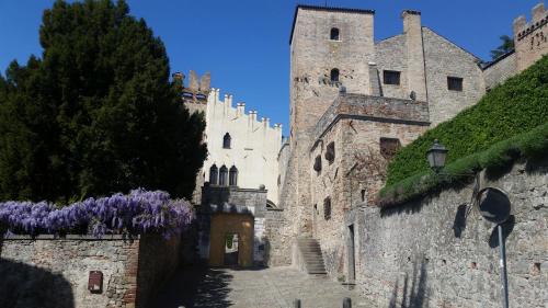 a castle with purple flowers on the side of a street at Affittacamere Cà Marcello in Monselice