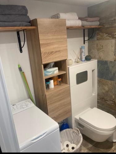 une petite salle de bain avec toilettes et lavabo dans l'établissement La maison du bonheur, à Leucate-Plage