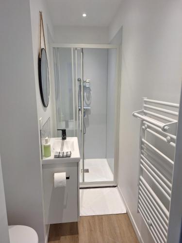 une salle de bain blanche avec une douche et un lavabo dans l'établissement Notre Dame 2 - Entrée privative - Indépendant - 50m bords de Loire - Hypercentre, à Orléans