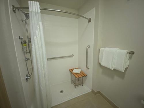 a white bathroom with a shower and towels at Holiday Inn Express Hotel & Suites- Gadsden by IHG in Gadsden