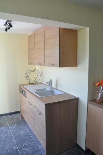a kitchen with a sink and wooden cabinets at Le Clos de Rosa in La-Roche-en-Ardenne
