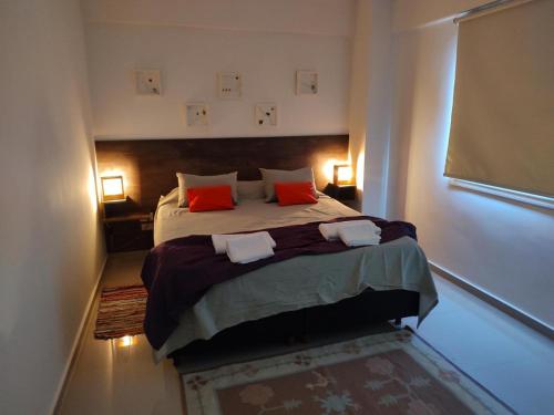 Un dormitorio con una cama grande con dos almohadas rojas. en santiago18, en San Juan