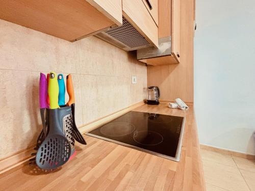 ラスパルマス・デ・グランカナリアにあるCelestial Refuge in Gran Canariaの壁に調理器具が掛けてあるキッチン