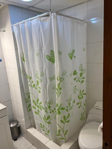 a bathroom with a shower curtain with plants on it at Casa Paraíso Republica in Santiago