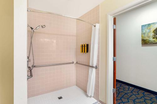 a bathroom with a shower with pink tile at Best Western Plus Villa Del Lago Inn Patterson in Patterson