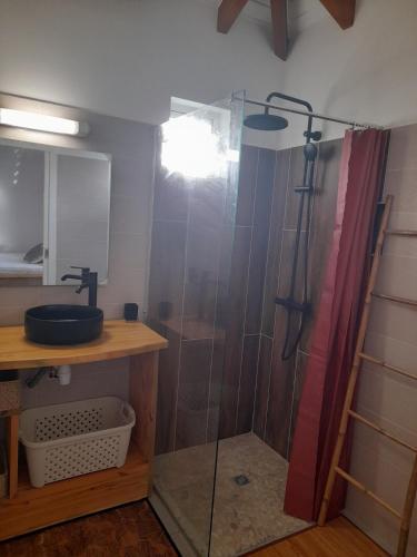a shower with a glass door in a bathroom at Bwa Ka - Havre de paix et cosy in Saint-François