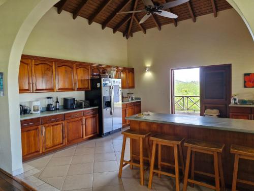 a kitchen with wooden cabinets and a large counter top at Monks Hill Villa in Falmouth