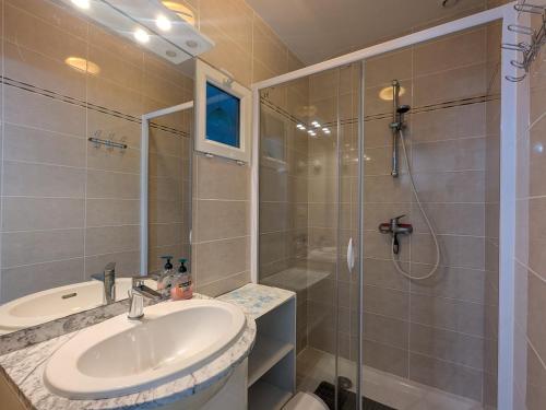 a bathroom with a sink and a shower at Chambres d'hôtes au calme près des châteaux de la Loire - FR-1-591-664 in Châtillon-sur-Indre
